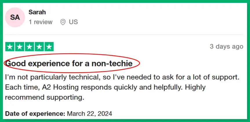 positive review for tech help with a2 hosting web host on trustpilot